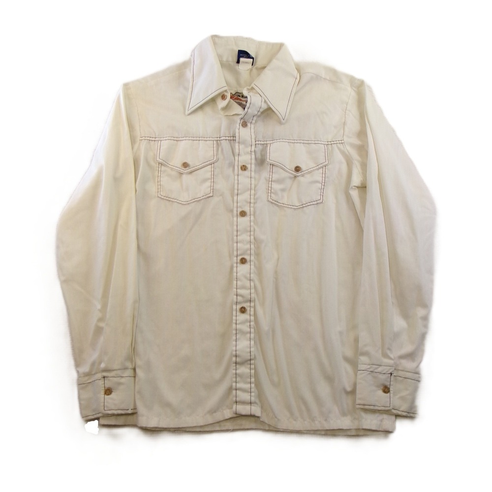 Sears Jeans Joint Mens L Button Shirt White Eagle Embroidered 70s Vintage Defect